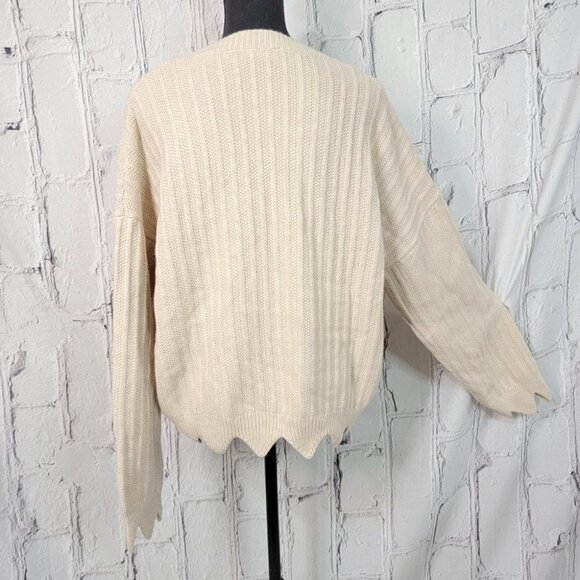 CREAM Heavy Knit scalloped hem‎ Ribbed Cropped Comfy Crew Neck Sweater L - Picture 7 of 10